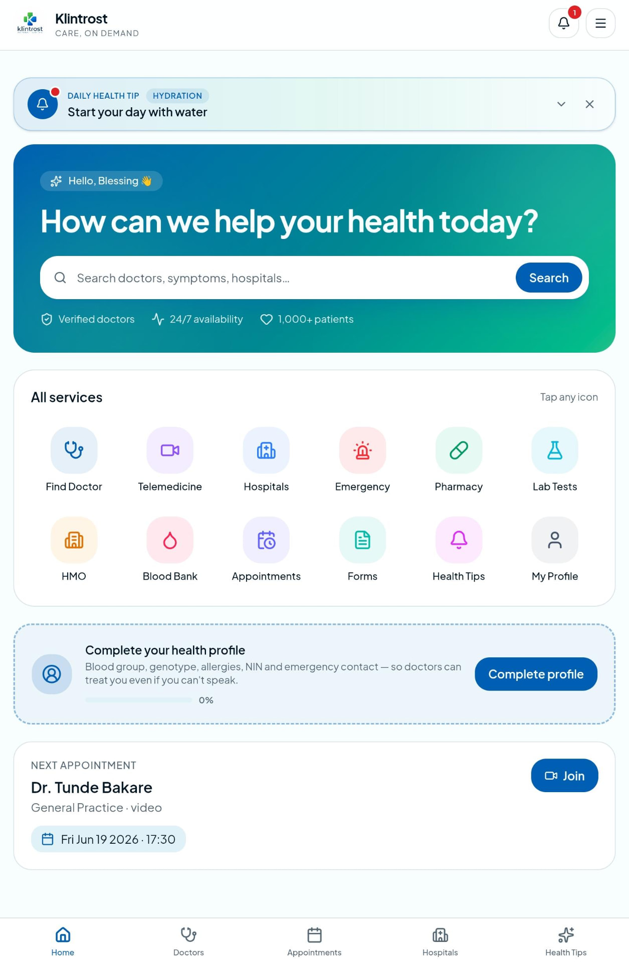 KlinTrost app home screen with services and next appointment