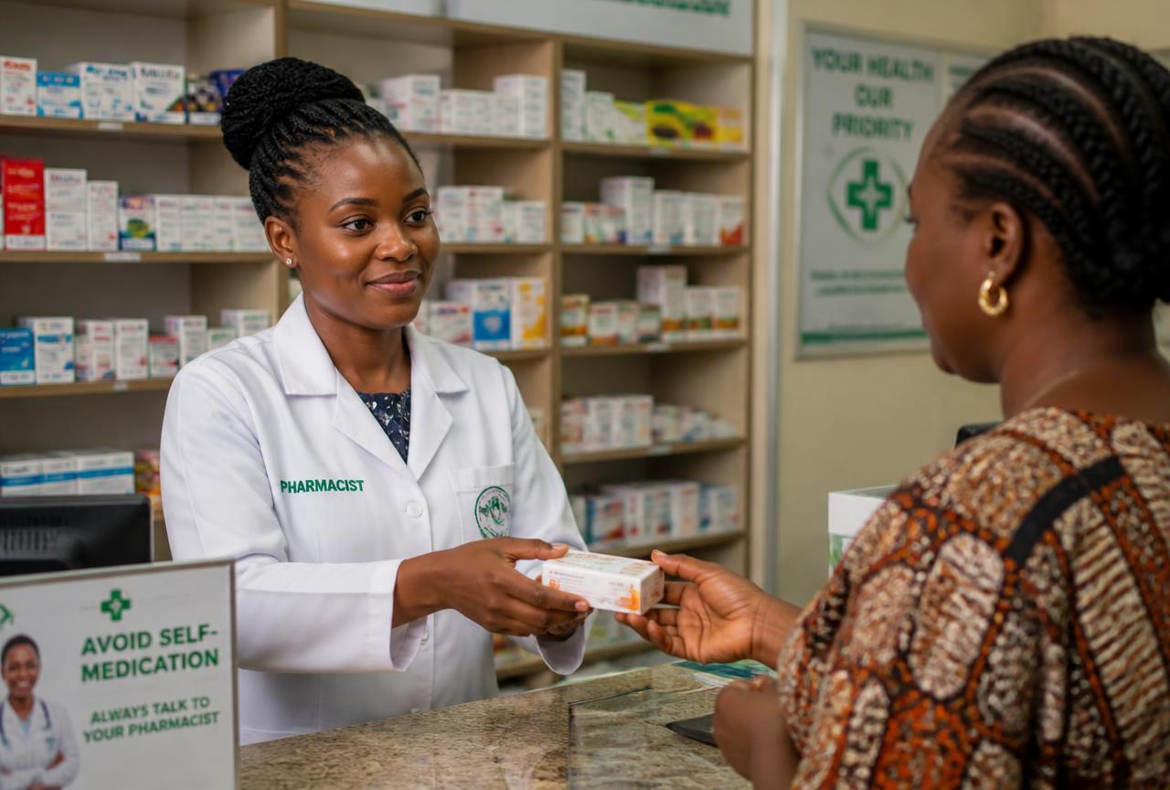 Pharmacist handing prescribed medication to a patient